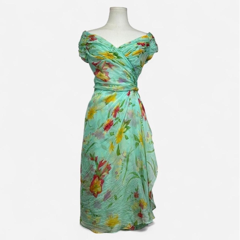 Vintage Victor Costa Womens Floral Silk Wrap Dress Off Shoulder 10 Mermaid Fairy